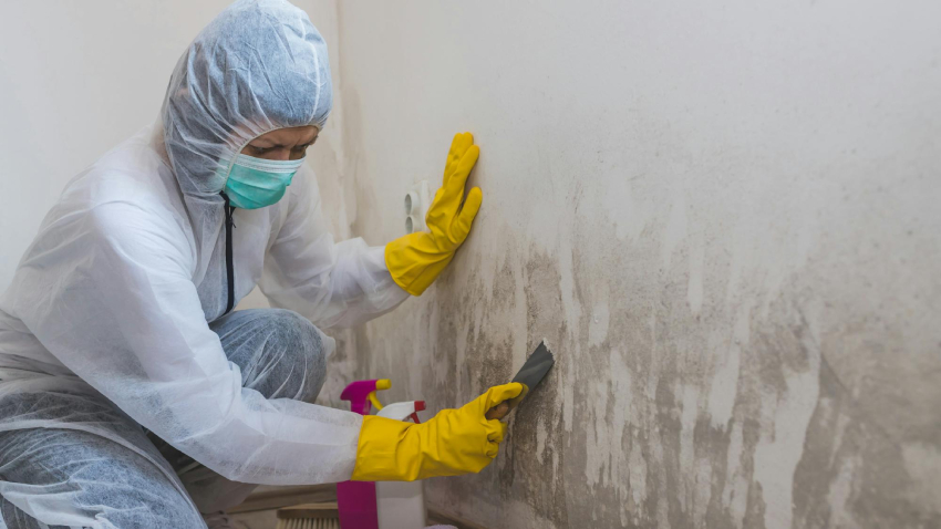 A person in yellow gloves uses a scraper to take mold off of a wall.