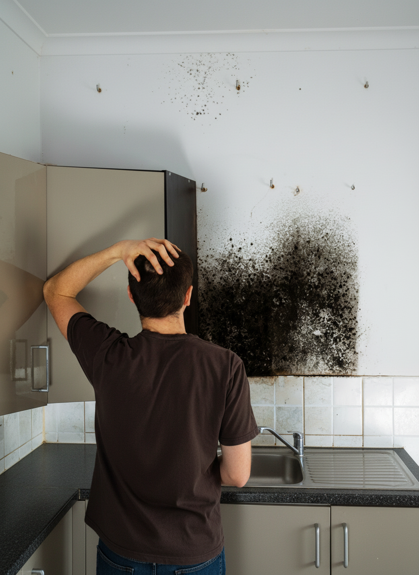 Man looking at severe mold damage on a kitchen wall, showing the need for immediate mold removal and remediation.