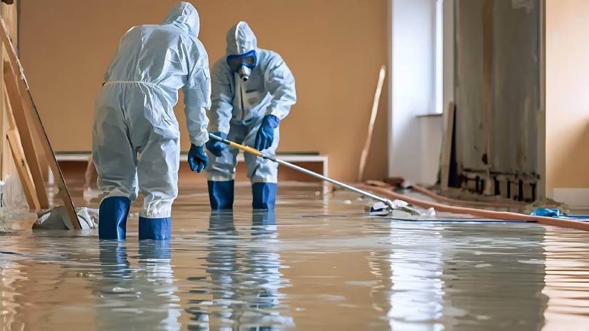 Two restoration specialists stand in a foot of flooded water.